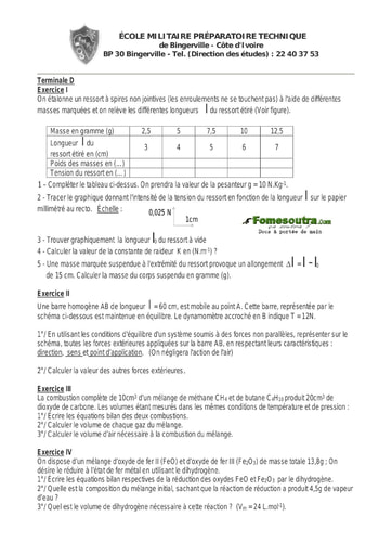 Devoir (19) Physique-Chimie niveau Terminale D - EMPT Bingerville