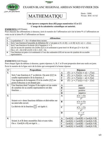 BAC BLANC FEVRIER 2026 DRENA ABIDJAN NORD SUJET MATHS SERIE A (SUJET) by TEHUA