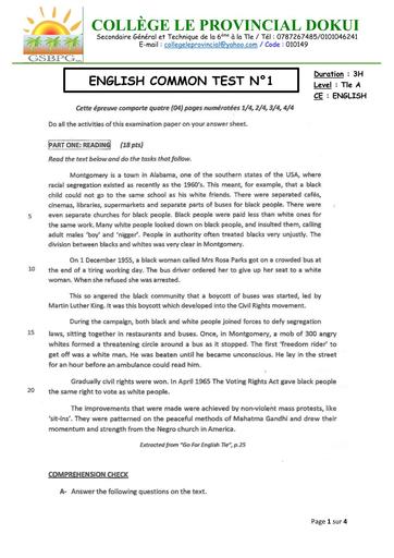 DEVOIR D'ANGLAIS N°1 NIVEAU Tle A PROVINCIAL Octobre 2025 BY TEHUA