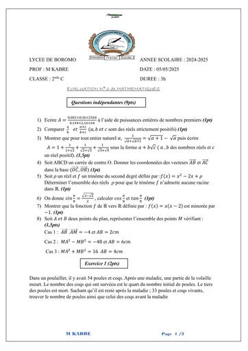 SUJET 2nde C devoir 7 MATHS  seconde C LYCEE DE BOROMO by TEHUA