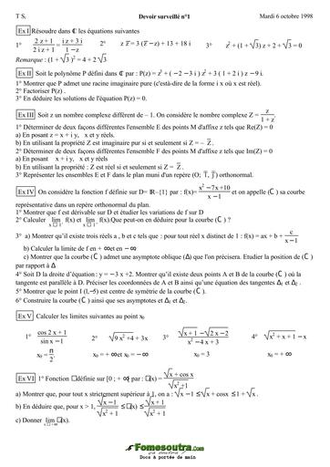 Devoir surveillé (1) de Mathématiques niveau Terminale C, E et S