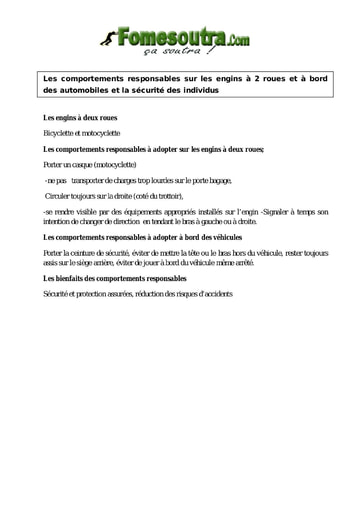 Les comportements responsables sur les engins à 2 roues et à bord des automobiles et la sécurité des individus