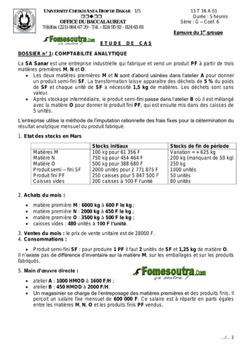 Sujet Etude de cas Comptabilité BAC G 2013 du Sénégal