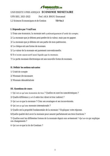 UFHB de Cocody Economie Monetaire TD 2021 2022 Correction Ufr Seg by TEHUA