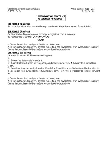 Interrogation 2 de Chimie niveau Terminale D