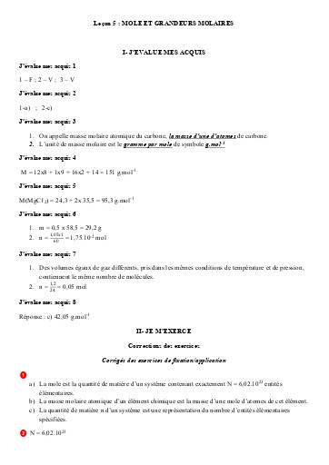 Corrigés Leçon 5 Moles et grandeurs molaires