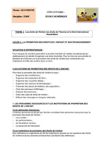 EDHC 4ème L 1 LA PROMOTION DES DROITS DE L’ENFANT ET SON ÉPANOUISSEMENT