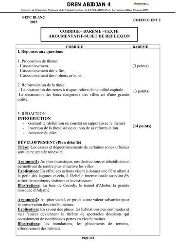 Bepc blanc régional 2025 dren Abidjan 4 Français texte argumentif CORRIGE ET BAREME BY TEHUA
