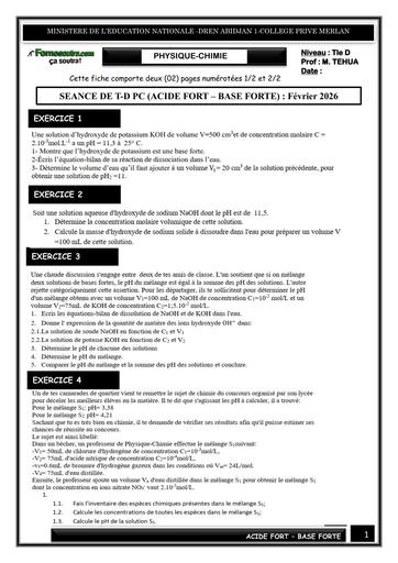 SEANCE DE T D PC niveau Tle D (ACIDE FORT – BASE FORTE) Février 2026 by TEHUA