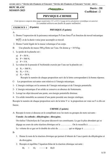 BEPC BLANC REGIONAL 2023 Soubré Sujet PC by Tehua