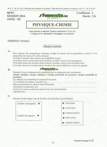 Sujet de Physique Chimie BEPC 2014 zone 3