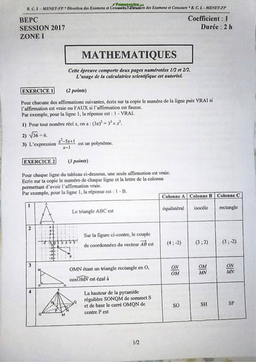 Sujet corrigé et barème de Mathématique BEPC 2017 zone 1