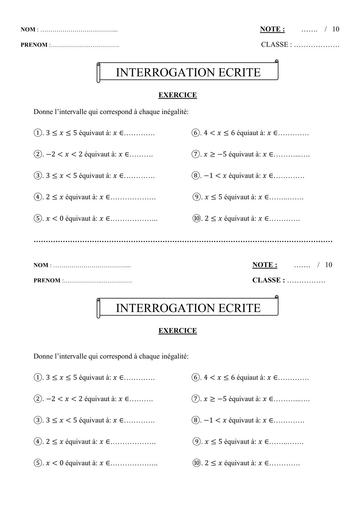 Interrogation écrite de maths niveau 3ième N°1 (intervalle) calculs numérique By Tehua