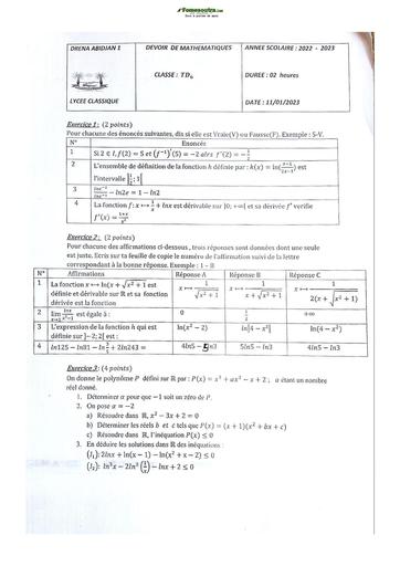 Sujets de Maths série D Lycée Classique d'Abidjan 2023