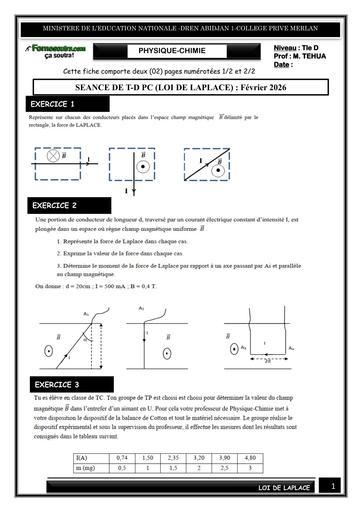 SEANCE DE T D PC niveau Tle D  (LOI DE LAPLACE)  Février 2026 by TEHUA