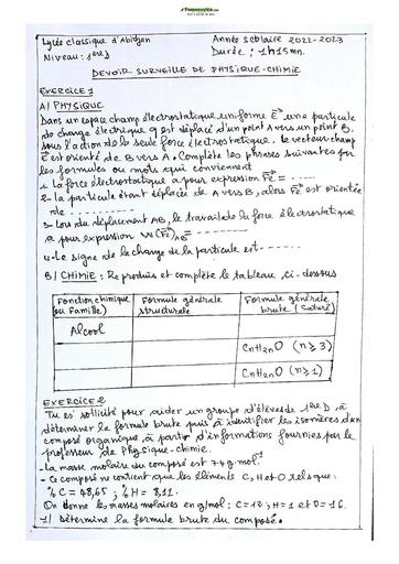 Sujet de Physique-Chimie Niveau Première D Lycée Classique Abidjan 2023