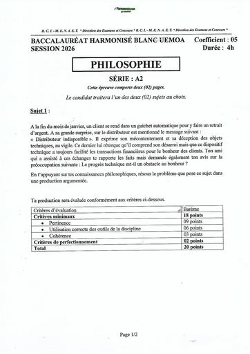 BAC HARMONISE BLANC UEMOA 2026 PHILO SERIE A2 BY TEHUA