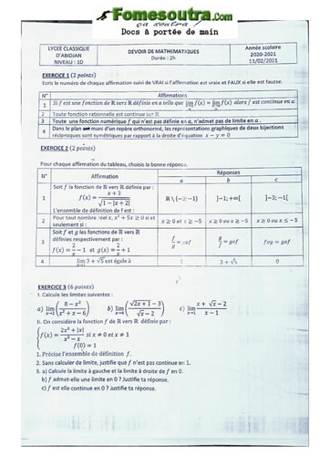 Devoir de Mathématique Première D 2020-2021 Lycée Classique Abidjan