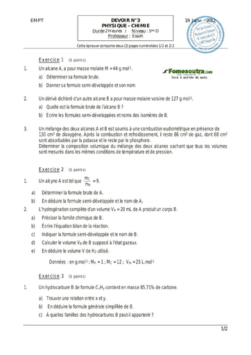 Devoir (1) de Physique-chimie 1ère D EMPT Bingerville