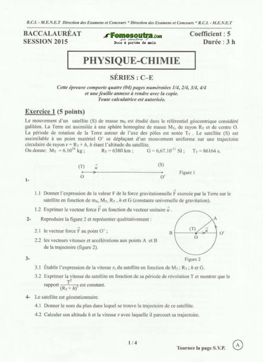 Sujet corrigé et barème de Physique BAC C et E 2015