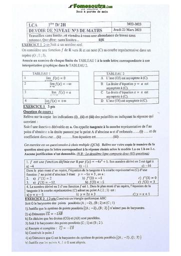 Sujet de Mathématique Première D Lycée Classique Abidjan 2023