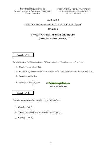 Sujet 2ème épreuve de maths ITS A 2012 (ENSAE - ISSEA)