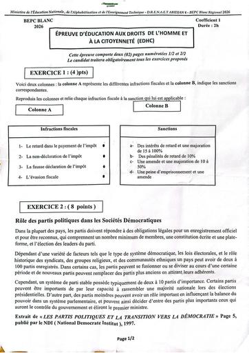 Bepc blanc 2026 dren Abidjan 4 EDHC By Tehua