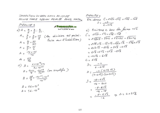 Corrigé de Maths BEPC blanc 2011 Lycée Sainte Marie de Cocody