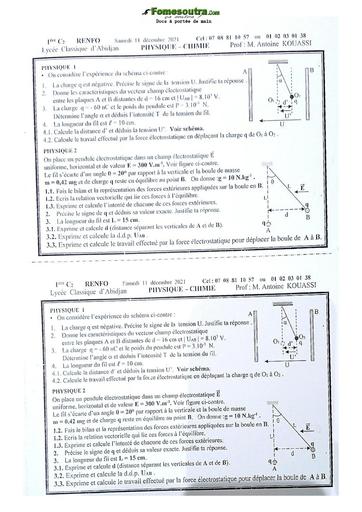 Sujet de Physique-Chimie Première C Lycée Classique Abidjan 2021-2022