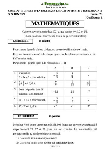 Sujet corrigé de Mathématiques - Concours CAFOP (Instituteur Adjoint) session 2022