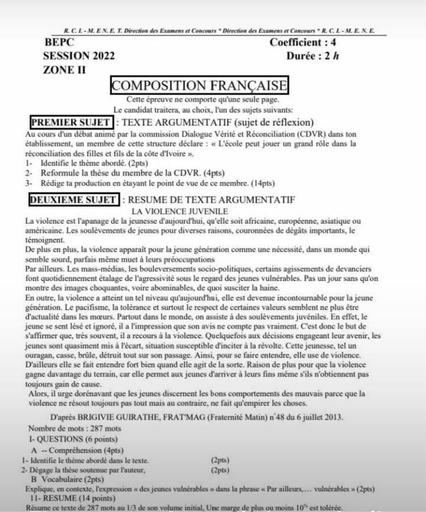 SUJET BEPC 2022 COMPOSITION FRANCAISE Zone 2
