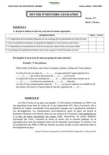 Sujets d'Histoire-Géographie niveau Troisième 2022-2023
