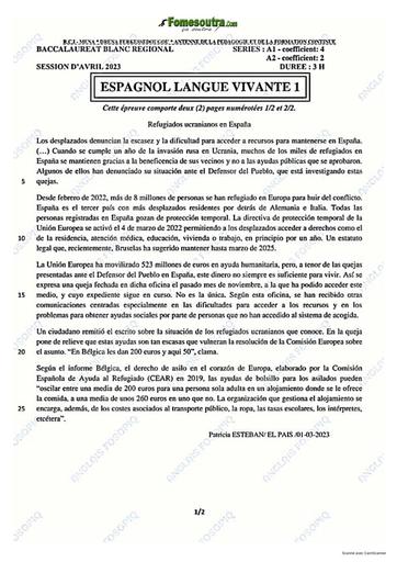 SUJET ET CORRIGE BAC BLANC 2023 ESPAGNOL LV1 SERIE A1 A2 REGIONAL DE FERKESSÉDOUGOU COTE D'IVOIRE