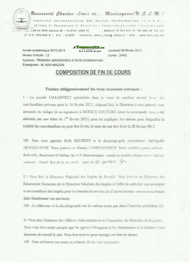 Sujet de Réaction administrative et écrits professionnels niveau Licence 2 - Université Charles-Louis De Montesquieu