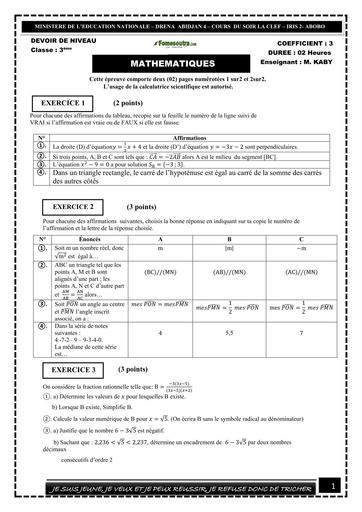 Devoir maths 3ième TRIMESTRE 3 DU 30 avril 2O25 by TEHUA