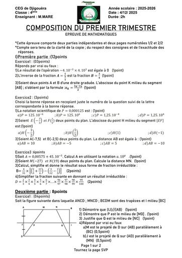 Composition du 1er trimestre Maths 4ième By Tehua