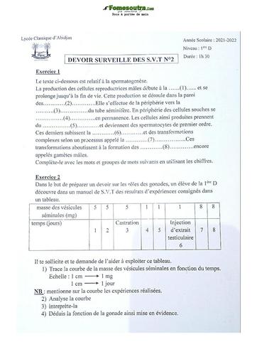 Sujet de SVT niveau Première D Lycée Classique Abidjan 2021-2022
