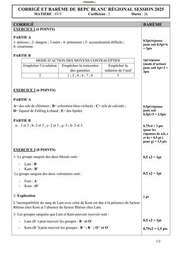 BEPC REGIONAL 2025 DREN ABIDJAN 4 SVT CORRIGE ET BAREME BY TEHUA