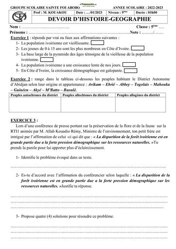 Devoir Histoire-Géographie Groupe Scolaire Sainte Foi Niveau 5ème 2022-2023