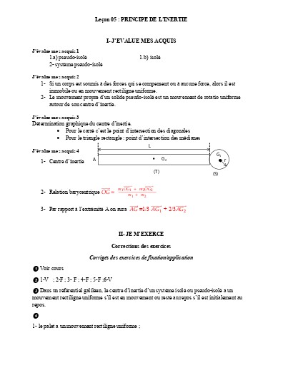 Corrigé leçon 5 Principe de l'inertie