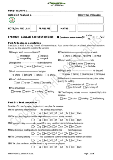 Sujets corrigés du concours INPHB session BAC 2016