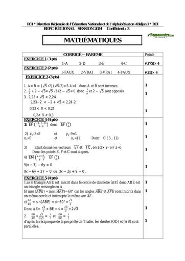 MATHS BEPC BLANC REGIONAL 2024 CORRIGE BAREME Dren Abidjan 1 by Tehua