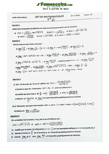 Sujet de mathématiques Sainte Marie Terminale D