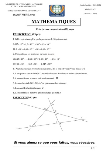 Partiel décembre 2023 Maths 4ième UP21 by Tehua