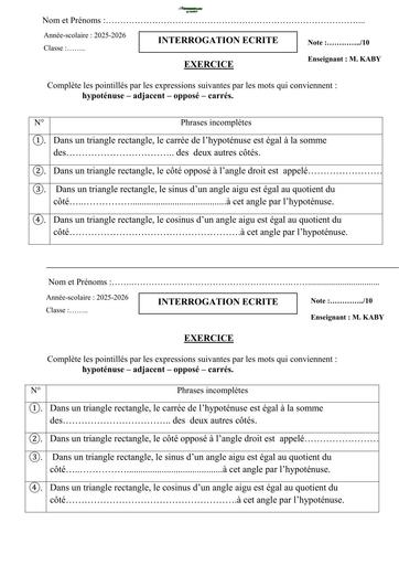INTERROGATION ECRITE MATHS 3ième rectangle  by TEHUA