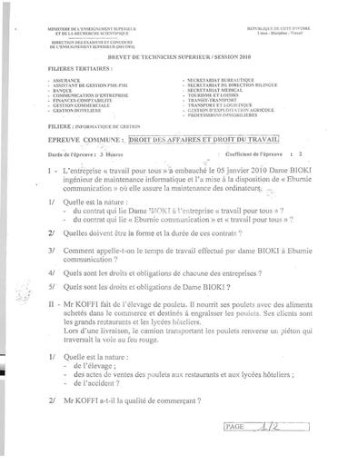 Examen BTS 2010 DROIT Tertiaire