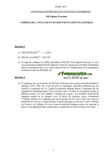 Corrigé Analyse d'une documentation statistique ISE option économie 2011 (ENSEA - ISSEA)