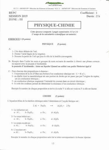 BEPC 2019 Zone3 Physique Chimie