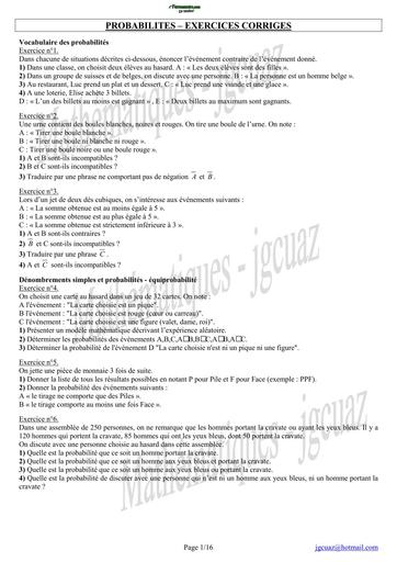 EXERCICES CORRIGE PROBABILITE NIVEAU TLE BY TEHUA