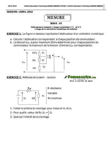 Sujet de Mesure BAC blancs série F2 2014 ADAMA SANOGO